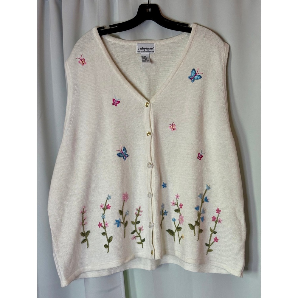 New w/o Tags Anthony Richards Cream Embroidered Butterfly Floral Sweater Vest 4X